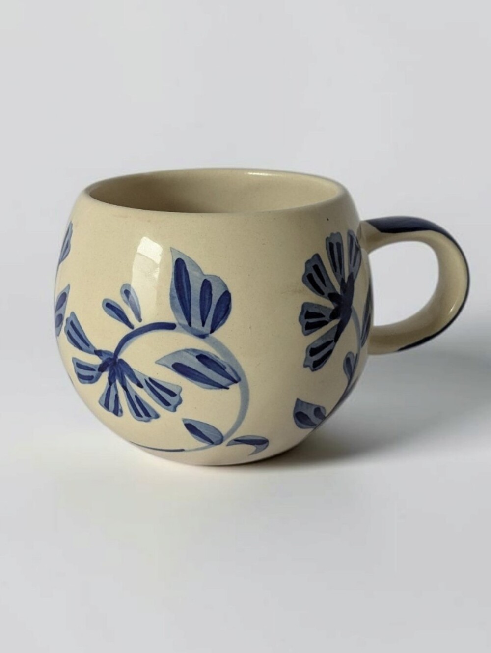 DwellStudio Blue Floral Stoneware Mug Hand Painted Ceramic Coffee Cup Boho Cream